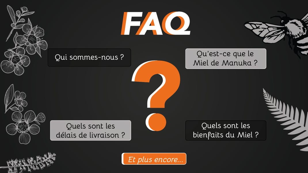 Visuel FAQ Foire Aux Questions Puri New Zealand illustration à la tablette graphique sous fond noir avec motifs de fleurs, abeille et fougère grises. Qui sommes-nous ? Qu'est-ce que le Miel de Manuka ? Quels sont les bienfaits du miel ? Et plus encore
