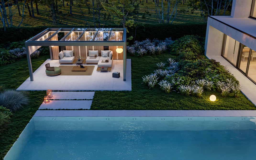 Terrassendach mit Glasdach und festen Rückwänden, sowie Senkrechtbeschattung und Beleuchtung