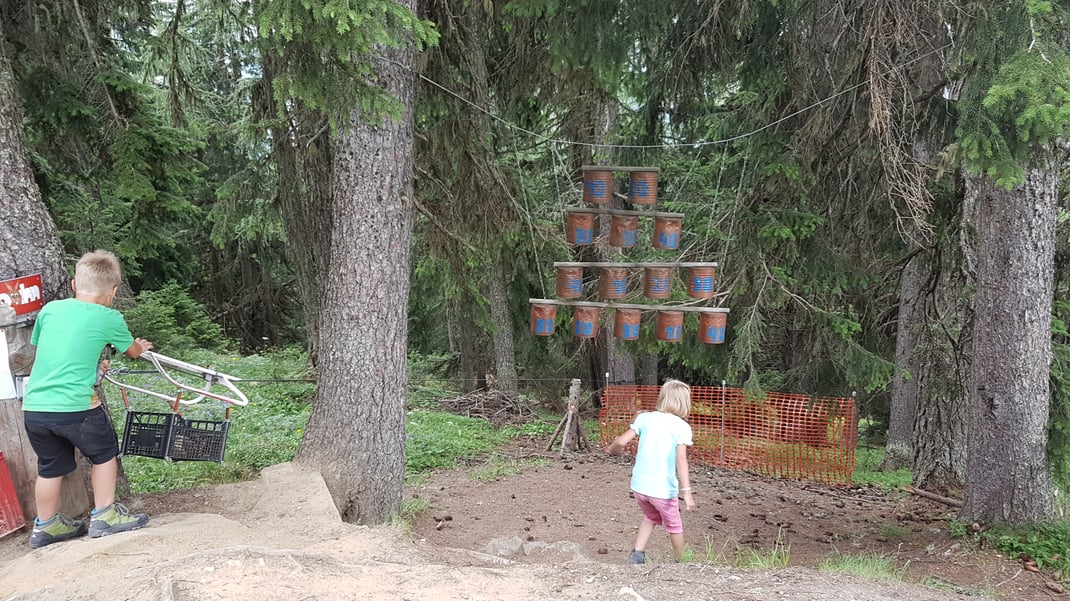 Spielen – Tannenzapfen werfen und schauen, wie zielsicher du bist. Das macht richtig Spass!
