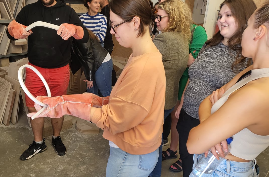 Students tried to form hot solid surface details, glue them together, and polish the final piece