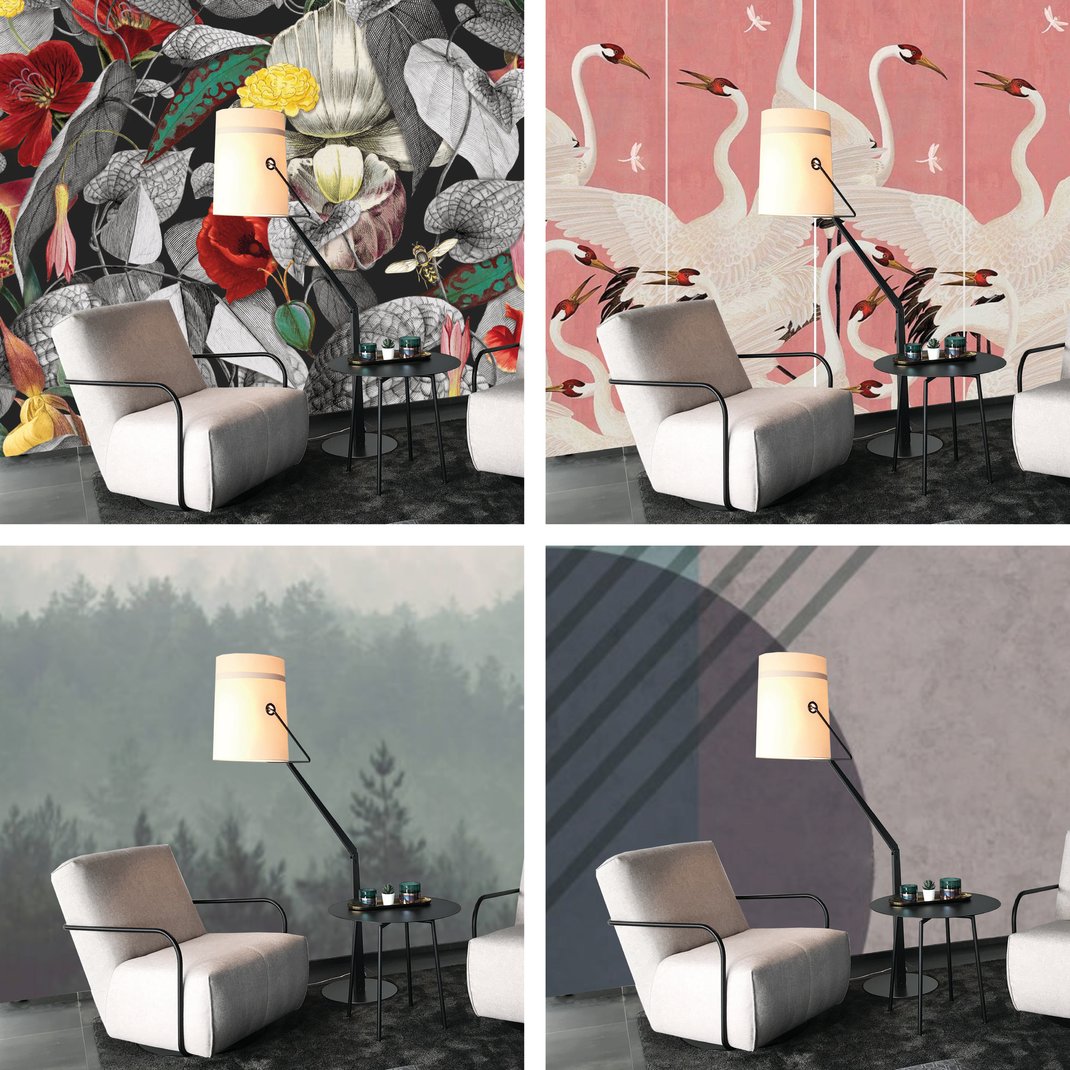 Tapetenmuster, Illustrierte Blüten, japanische Kraniche. Moderne Formen und Landschafts Fotografie eignen sich hervorragend für Tapeten.