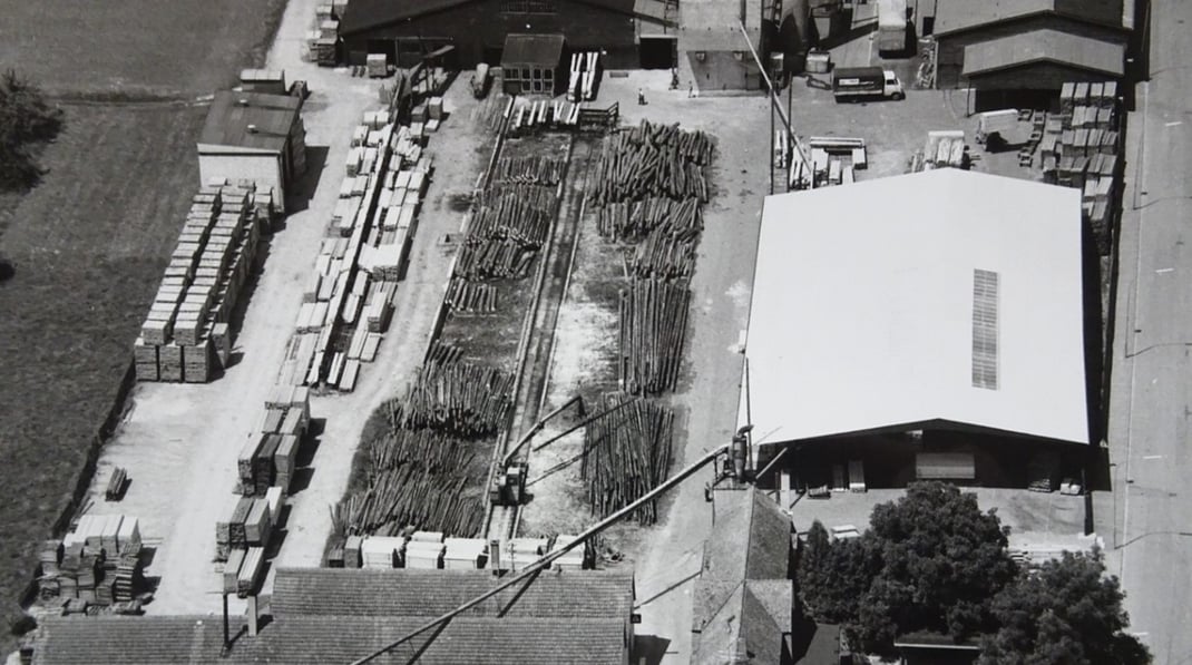Parketthaus Scheffold Firmengelände mit Sägewerk im Jahr 1950
