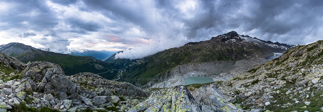 Wolkenstimmung über dem Rhonegletscher, Kanton Wallis, Schweiz, DSC_5813-Pano.