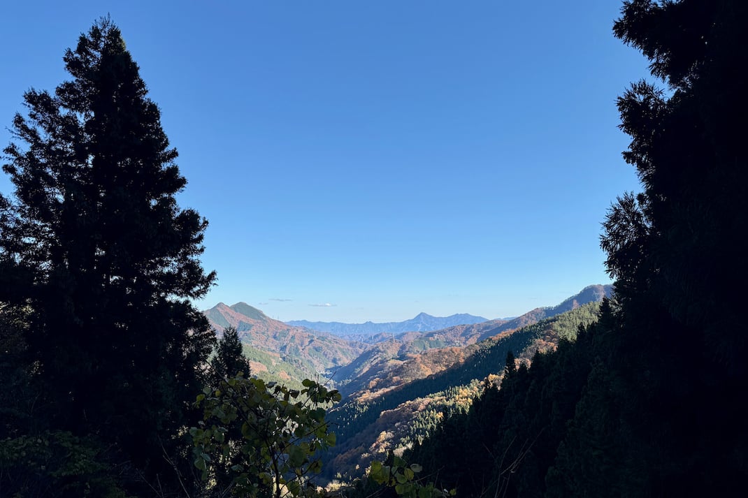 森に向かう途中で、峠から振り返った山並み。いつもの街や暮らしから離れることを実感する風景。