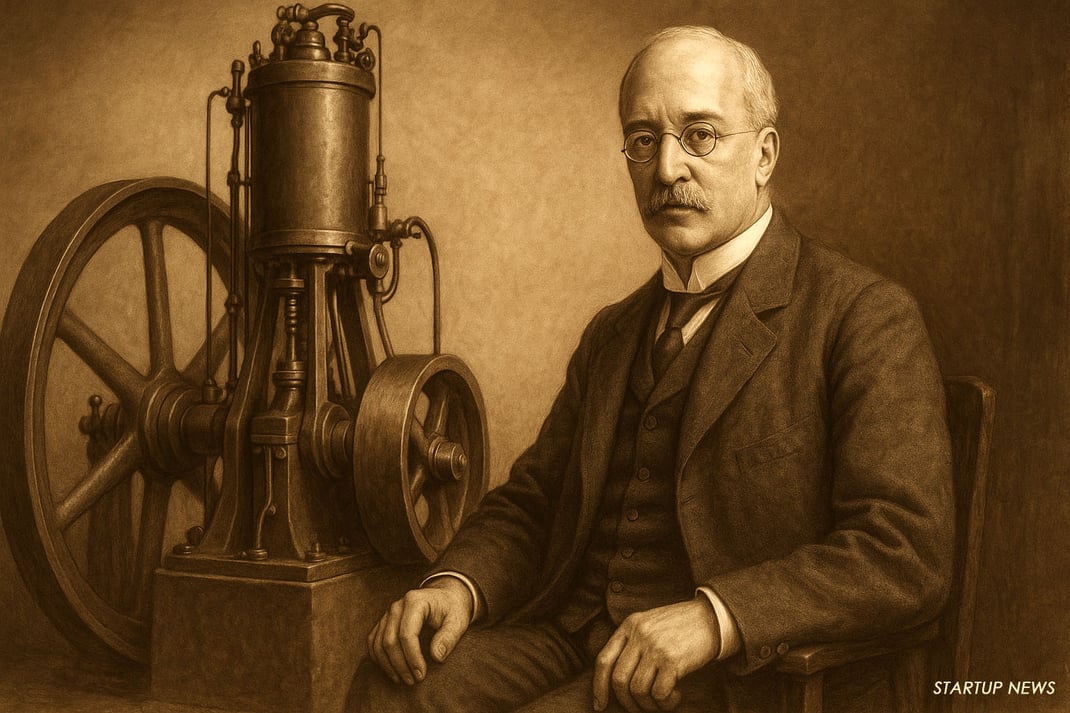 Рудольф Дизель на фоні свого першого двигуна | Rudolf Diesel with his first engine in the background