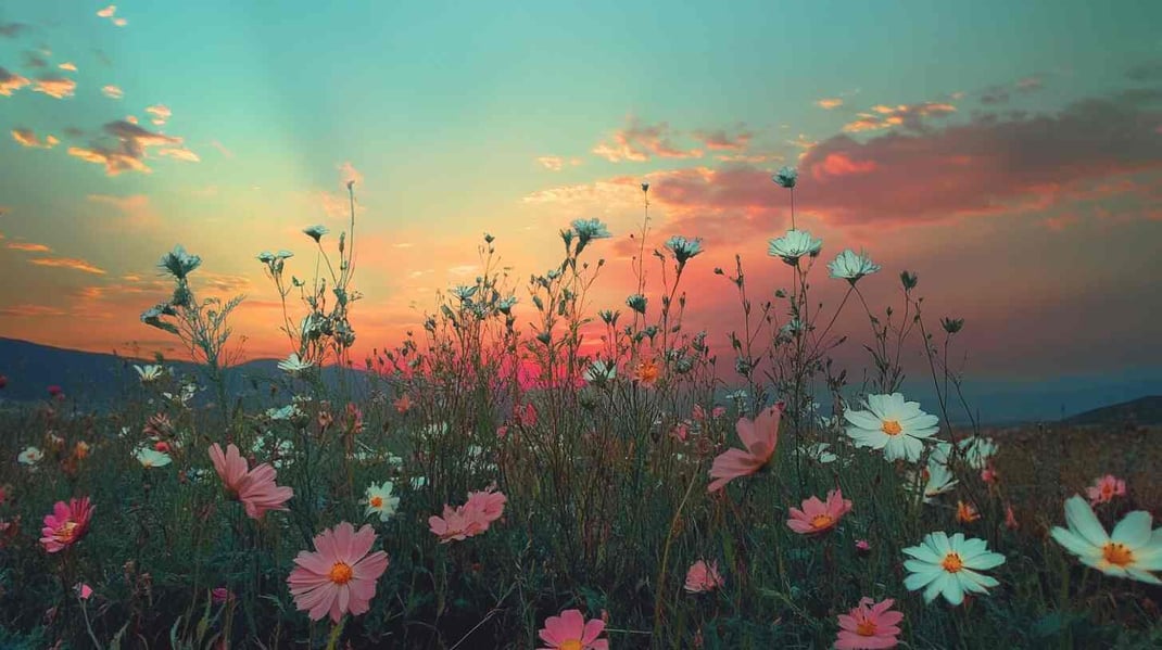 Ein Feld voller Wildblumen unter dem Dämmerungshimmel, mit bunten Wolken und einer verträumten Atmosphäre. Zu den Blüten gehören, weiße Gänseblümchen, Ringelblumen und grüne Gräser. Davor ist ein offener Platz mit hohen Gräsern