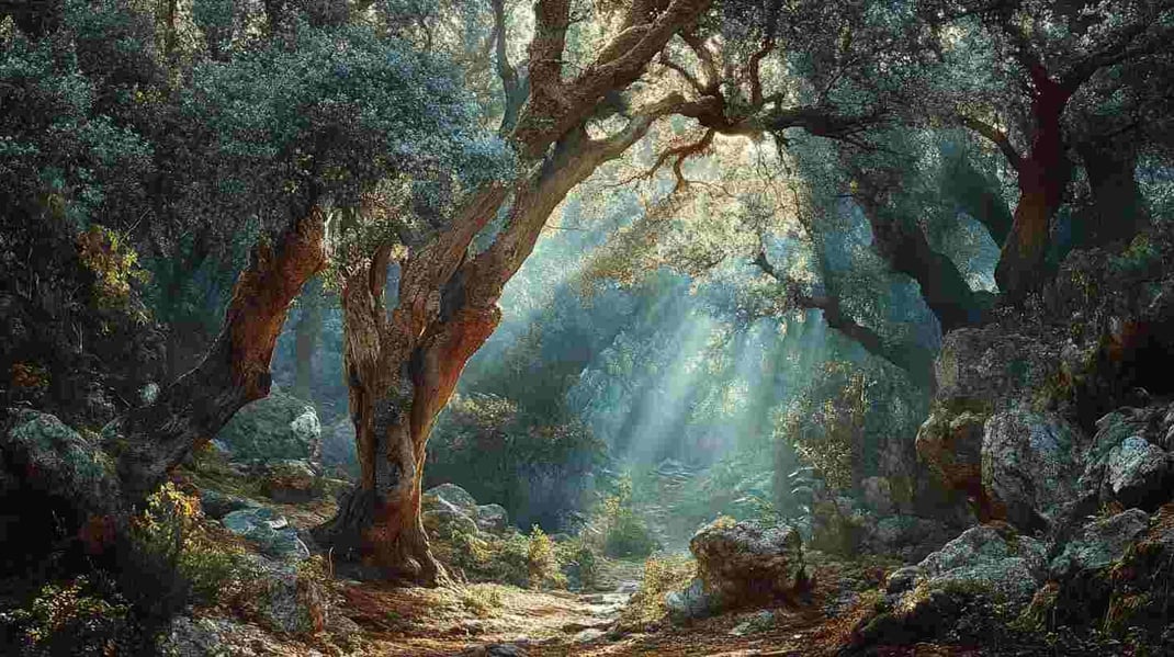 Ein mystischer Wald mit uralten Bäumen, gesprenkeltem Sonnenlicht, das durch Blätter dringt, einem versteckten Pfad, umgeben von Felsen und moosigem Boden