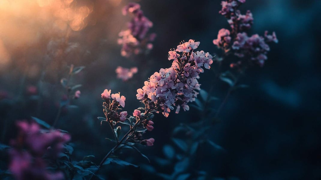 Eine Nahaufnahme von Blumen im Dunkeln, ein bei Sonnenuntergang aufgenommenes Foto mit unscharfem Hintergrund und dunkelblauer Farbpalette. Romantisierte Natur, verträumte Atmosphäre, lila und rosa Blumen, natürliches Licht