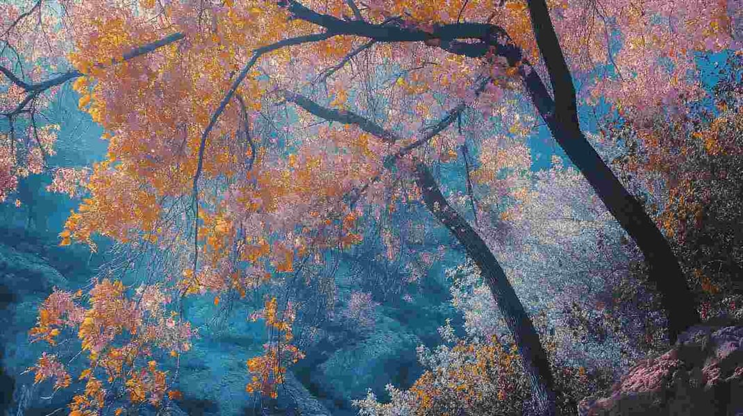 Im Tal steht ein schillernder Baum mit rosa und orangefarbenen Blättern. Der Baum hat lange Äste, die bis zu drei Meter hoch werden und von denen einige auf beiden Seiten dem Sonnenlicht entgegengreifen. Davor erhebt sich eine blaugrüne Bergkette