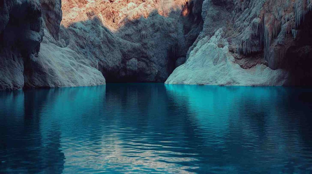 Foto eines schönen blauen Sees mit einer unterirdischen Schlucht, türkisfarbenes Wasser, das sich von Felswänden spiegelt, filmisches, natürliches Licht,