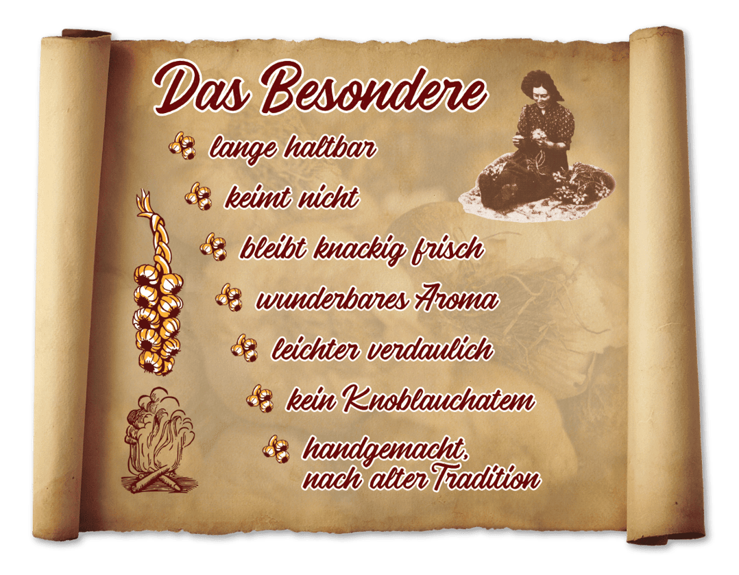 Knoblauch; geräuchert; Ail; fume; fumé; Vorteile; haltbar; keimt; knackig; Aroma; handgemacht; Tradition; Nordfrankreich; Knobi; Knolle: Kibu; Kibü; KibüWürze