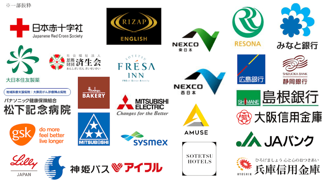 日本赤十字社、ライザップ、NEXCO東日本、西日本、リソナ、大日本住友製薬、広島銀行、静岡銀行、島根銀行、大阪信用金庫、JAバンク、兵庫信用金庫、アイフル、アミューズ、三星、阪急、三菱、パナソニック健康保険組合ほか