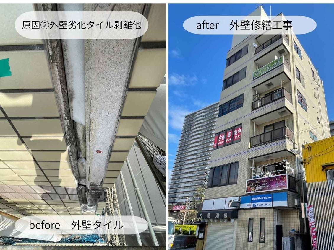 築30年6階建てビル。タイルの剥離劣化も補修し、防水機能も回復。
