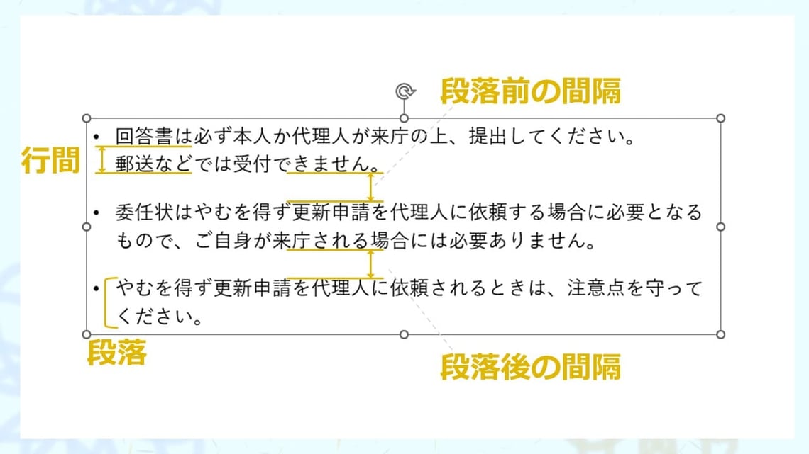 パワーポイントの行間設定の「段落前」「段落後」を設定すると、少し変わった見せ方が可能になります。