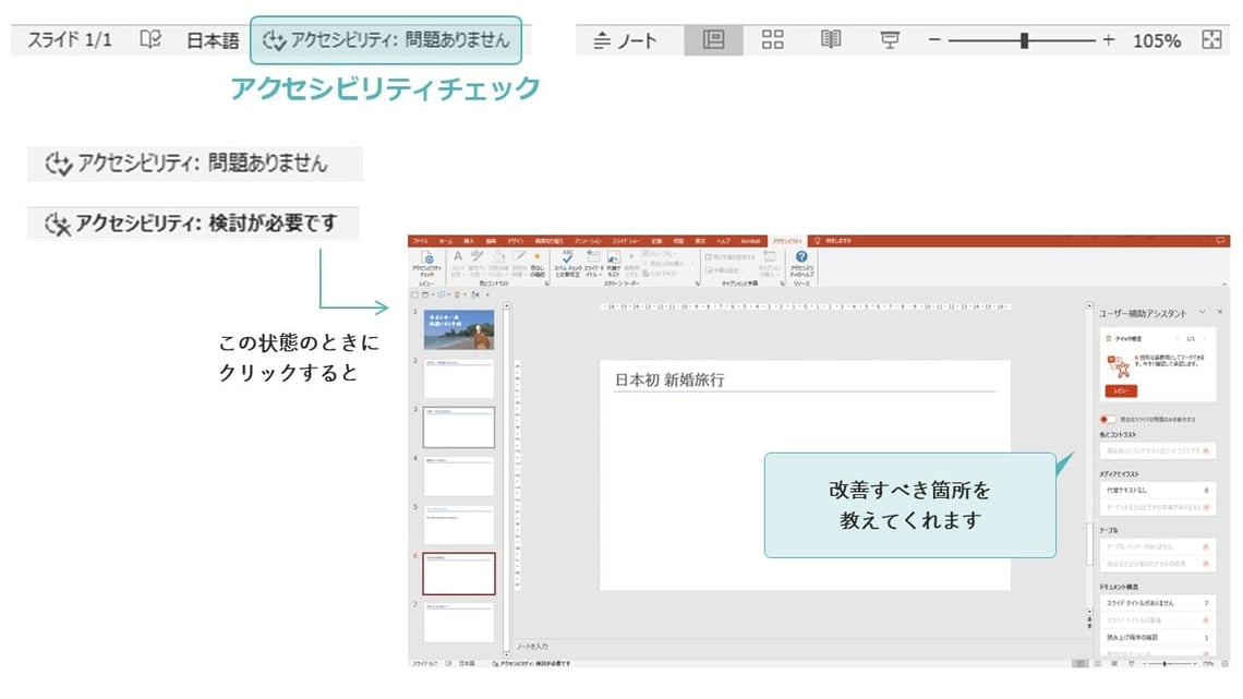 パワーポイントの「ステータスバー」のアクセシビリティチェックは「問題ありません」と表示されていれば大丈夫です。