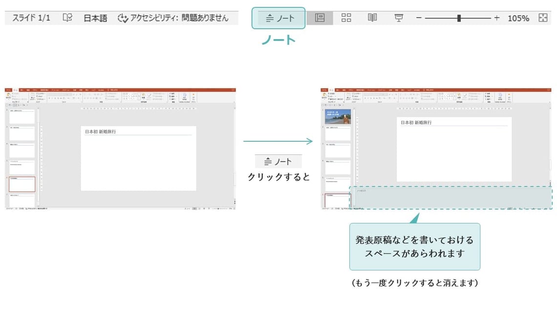 パワーポイントの「ステータスバー」から、「ノート」を表示、非表示の操作ができます。