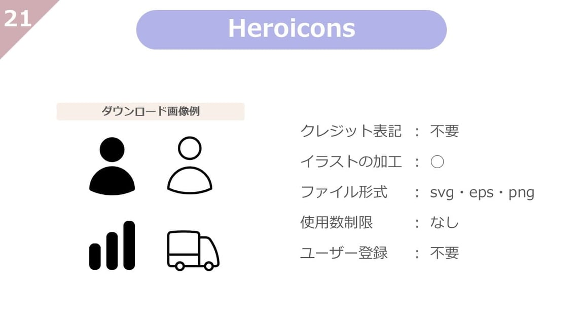 Heroiconsは、クレジット表記不要、使用制限、ユーザー登録も不要で、自由に加工もできる、使い勝手のよいアイコンに特化したフリー素材サイトです。svg素材が多く掲載されいています。