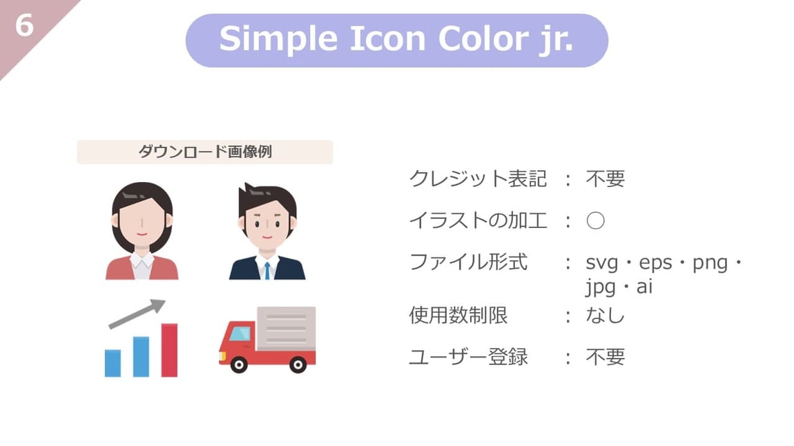 Simple Icon Color jr.は、クレジット表記不要、使用制限、ユーザー登録も不要で、自由に加工もできる、使い勝手のよいアイコンに特化したフリー素材サイトです。svg素材が多く掲載されいています。