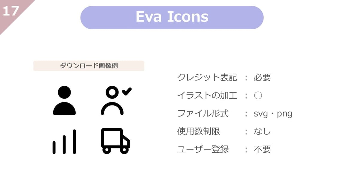 Eva Iconsは、使用制限、ユーザー登録も不要で、自由に加工もできる、使い勝手のよいアイコンに特化したフリー素材サイトです。svg素材が多く掲載されいています。クレジット表記が必要なので要注意です。