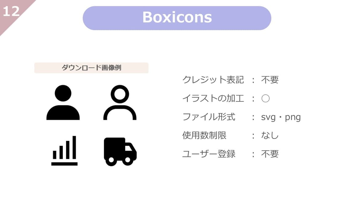 Boxiconsは、クレジット表記不要、使用制限、ユーザー登録も不要で、自由に加工もできる、使い勝手のよいアイコンに特化したフリー素材サイトです。svg素材が多く掲載されいています。