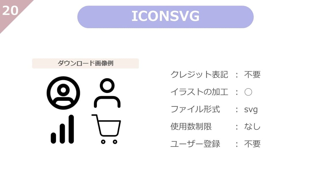 ICONSVGは、クレジット表記不要、使用制限、ユーザー登録も不要で、自由に加工もできる、使い勝手のよいアイコンに特化したフリー素材サイトです。svg素材が多く掲載されいています。