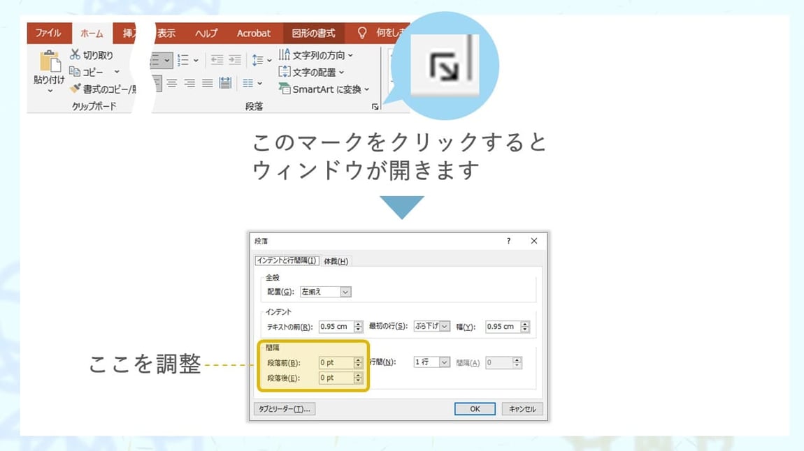 パワーポイントの長い文章の箇条書きは、行間の調整に一工夫すると見やすくなります。