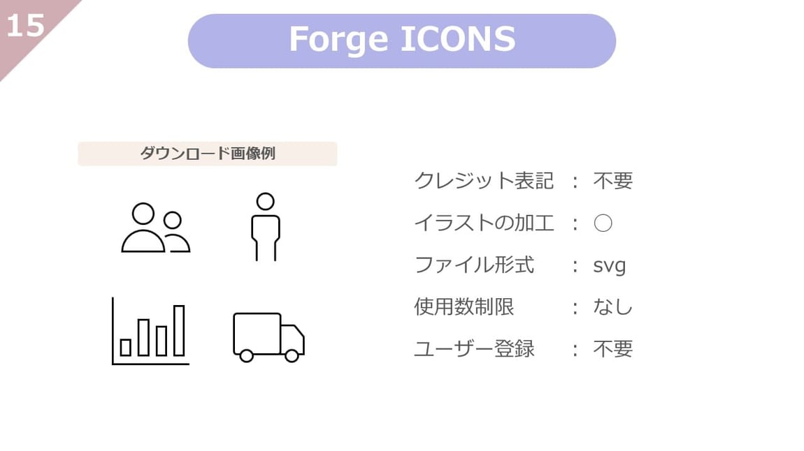 Forge ICONSは、クレジット表記不要、使用制限、ユーザー登録も不要で、自由に加工もできる、使い勝手のよいアイコンに特化したフリー素材サイトです。svg素材が多く掲載されいています。