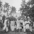 Pyarelal Nayar, Dr. Sushila Nayar, Mahatma Gandhi (from left) and others going for prayer at Khadi Pratishthan, Sodepur, 24 Parganas, Calcutta, November 1946.