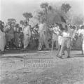 Mahatma Gandhi walking with Mridula Sarabhai (right) and Khan Abdul Gaffar Khan in Bengal, c. March 1947.