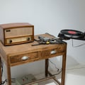 Just Say Again You Love Me, Please, 2013, Metal construction, motor, vintage turntable, vinyl and vintage amplifiers