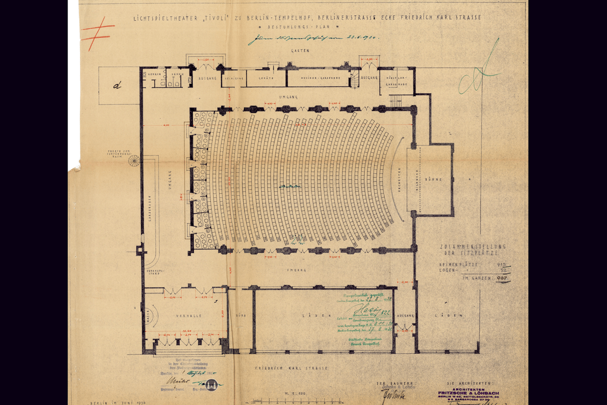 Das Tempelhofer Tivoli an der Friedrich - Karl - Straße. Bauzeichnung des Schlußzustands des Kinosaals nach Umbau.