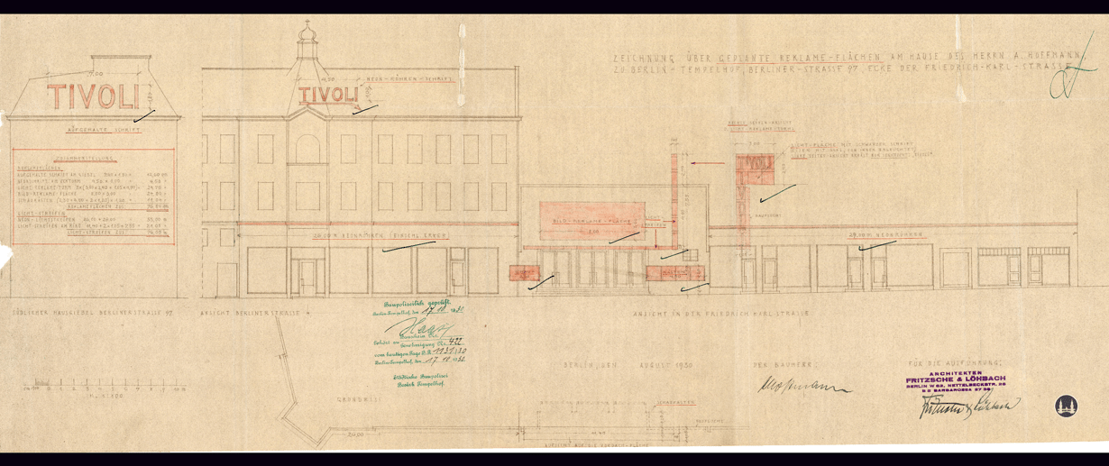 Das Tempelhofer Tivoli an der Friedrich - Karl - Straße. Bauzeichnung der zu installierenden Neonreklame.