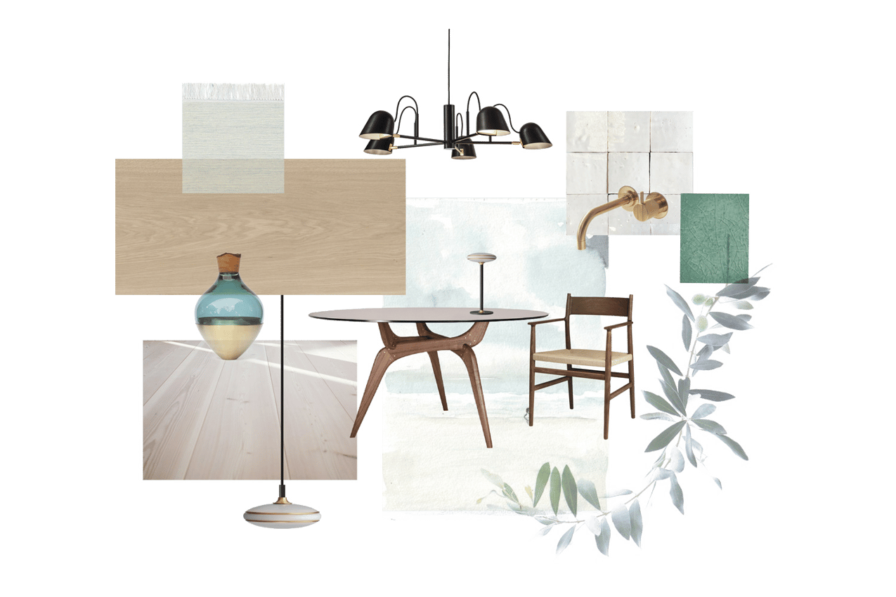 Moodboard des Innenarchitekurbüros Agnes Morguet mit Leuchten von Shade und Örsjö, natürlichen Materialien wie Douglasien- & Eichenholz, aber auch hellen Fliesen und mit warmen Grüntönen ergänzt. Die Möbel von Badr. Krüger schaffen zusätzliche Atmosphäre.