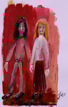 Mann und Frau, Gouache, Tusche auf lila Briefumschlag