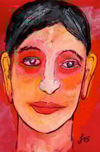 Weibliches Gesicht, Tusche und Gouache auf rotem Briefumschlag