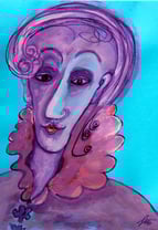 Kunstpost filigranes Gesicht- mit lila, schwarzer Tusche und Gouache auf hellblauem Briefumschlag