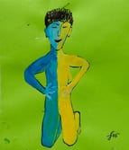 blau gelbe Figur, die kniet auf gelben Briefumschlag 