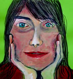 Auf zwei Händen aufgestütztes Frauengesicht. Tusche, Gouache, auf grünem Briefumschlag