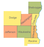 Milwaukee, Waukesha, Ozaukee, Washington, Dodge, Sheboygan, Racine, Jefferson Counties