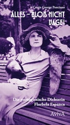 Buchcover "Alles - bloß nicht vage!" - interner Link zur Buchseite - Coverfoto ist violett eingefärbt und zeigt eine junge Frau auf einer Bank im Freien mit Hut und Boa