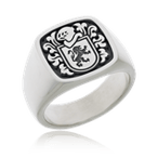 Ein klassischer Wappenring aus Silber, verziert mit einem schlichten Wappenmotiv, aus der Herrenschmuck-Kollektion der Goldschmiede Obsession.