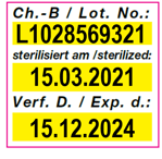 Vordrucketikett mit Geräteandruck Chargennummer und Datum der Sterilisation