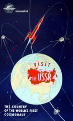 Soviet tourism poster with a red rocket flying over the globe with the USSR also in red with the words Visit the USSR overlayed