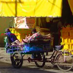 Fleischtransport in der Stadt. Dreck und Hunde hin oder her.