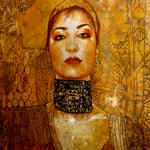 (detail in progress) Portrait of "Little Red" Lisa Martinez • 24 Carat Gold Leaf embroidery details on Choker Necklace, (12 feet tall X 10 feet wide, Original Painting on Canvas) • The Izel Interior Mural/Paintings • Conrad Hilton Hotel, Dubai  UAE