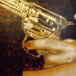 (detail in progress) Portrait of "Adelita" Monica Yepes • 24 Carat Gold Leaf details on Pistols, (12 feet tall X 16 feet wide, Original Painting on Canvas) • The Izel Interior Mural/Paintings • Conrad Hilton Hotel, Dubai  UAE