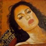 (detail in progress) Portrait of "Red Sonia" Veronica Loren • 24 Carat Gold Leaf embroidery details on Sombrero, (12 feet tall X 10 feet wide, Original Painting on Canvas) • The Izel Interior Mural/Paintings • Conrad Hilton Hotel, Dubai  UAE