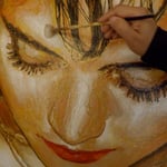 (detail in progress) Portrait of "Adelita" Monica Yepes • 24 Carat Gold Leaf embroidery details, Sombrero, earrings, Necklace, (12 feet tall X 16 feet wide, Original Painting on Canvas) • The Izel Interior Mural/Paintings • Conrad Hilton Hotel, Dubai  UAE