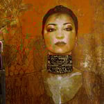 (detail in progress) Portrait of "Little Red" Lisa Martinez • 24 Carat Gold Leaf embroidery details on Choker Necklace, (12 feet tall X 10 feet wide, Original Painting on Canvas) • The Izel Interior Mural/Paintings • Conrad Hilton Hotel, Dubai  UAE