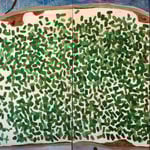 Eva Hradil "Brotberuf Malerei, Schnittlauch" 2015/16, Eitempera auf Halbkreidegrund auf Leinwand, 200 x 400 cm, Polyptychon